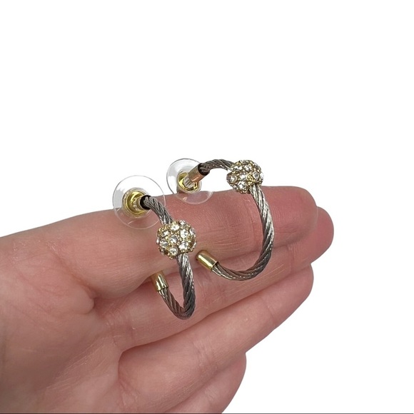 Silver & Gold Tone Twisted Cable Rhinestone Ball Pierced Hoops Earrings - Picture 3 of 8